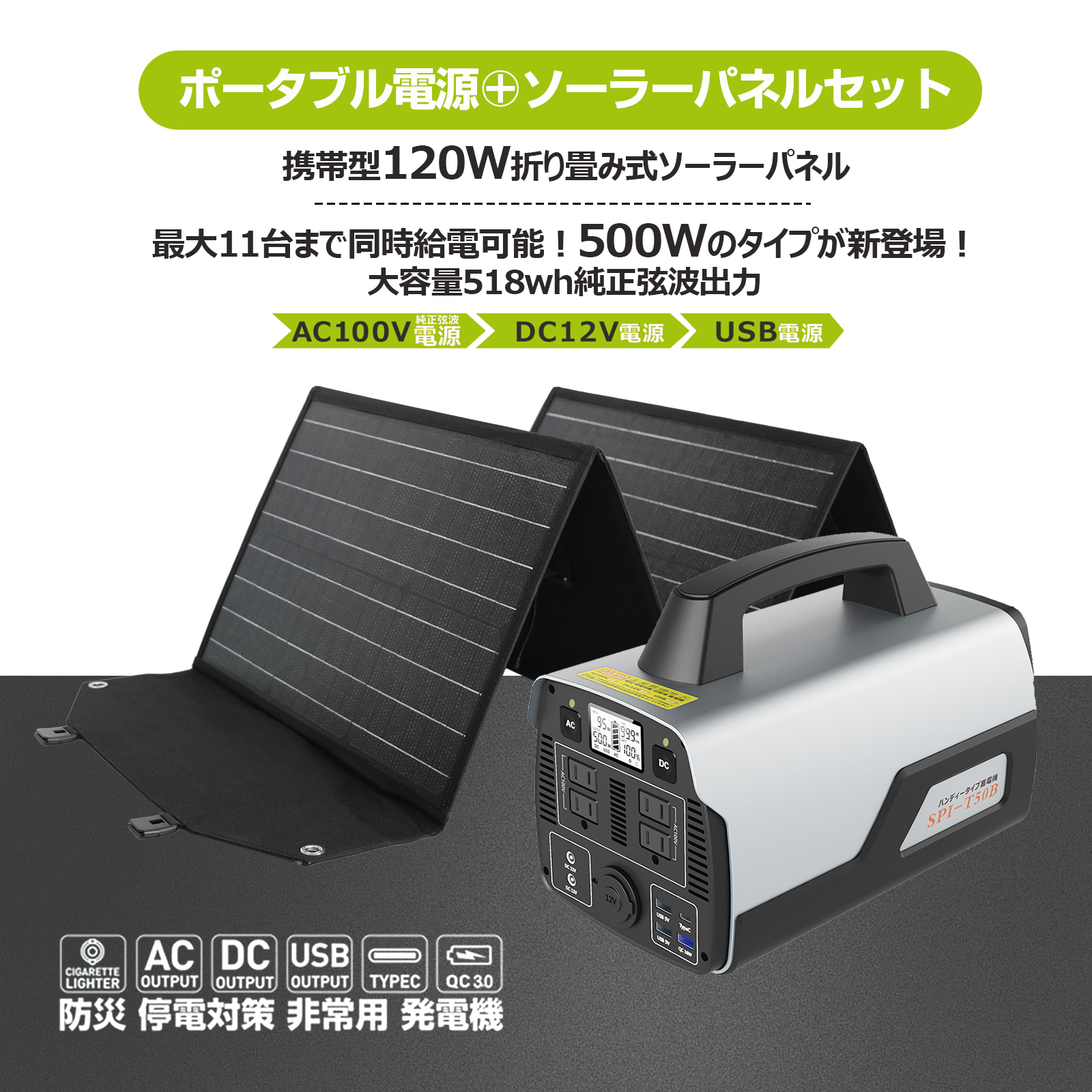 新品未使用　大容量　ポータブル発電機 ソーラーパネル付　SPI−Ｔ50Ｂ