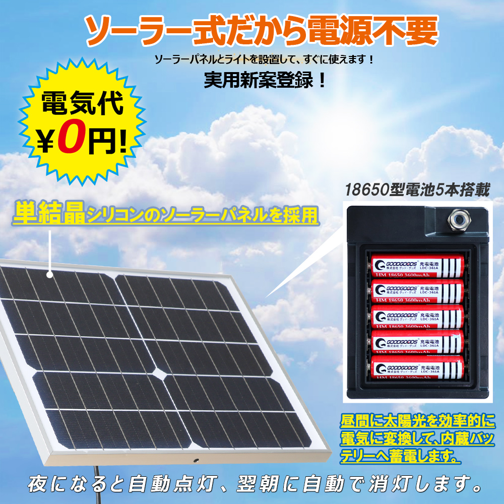 グッドグッズ(GOODGOODS) 実用新案登録 LED ソーラーライト 10W 明暗センサー付き 太陽光発電 災害 玄関 防犯 TYH-10P-N