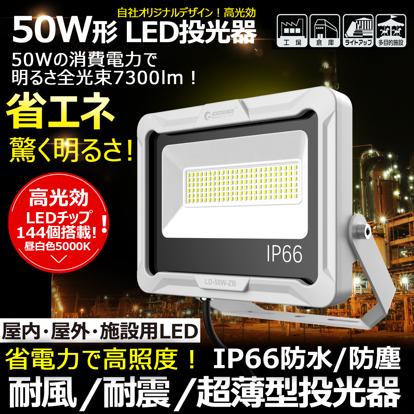 LED投光器 サーチライト 60W 昼白色 広角ライト 5Mコード 屋外防水