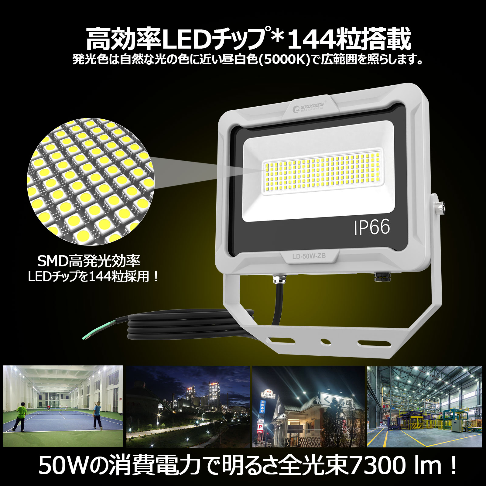 グッド・グッズ 100W LED 投光器 昼白色 100V対応 IP66 防水 ledライト ワークライト 高輝度 省エネ 120°広角照明 - 1