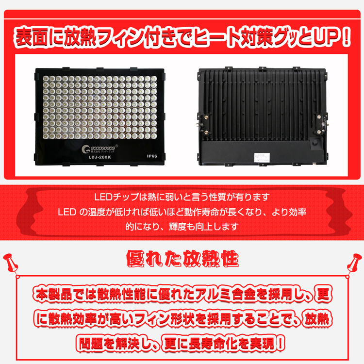 グッドグッズ(GOODGOODS) LED 投光器 200W 28080LM 極薄型 長距離照射