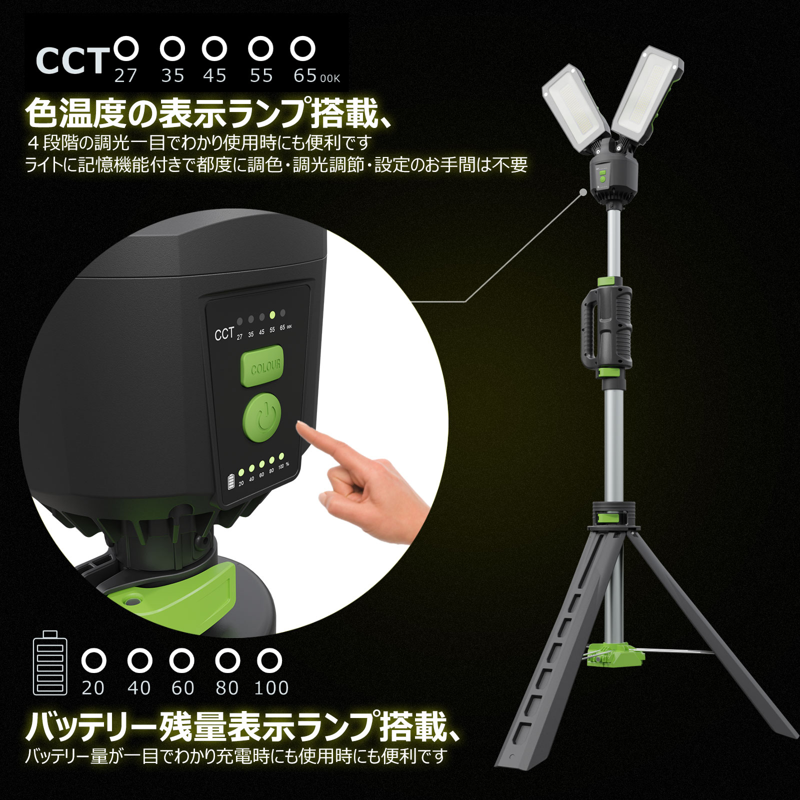 YC-6000T 40W 充電式エリアライト ウィングライトタワー 6000LM 調光 調色 広範囲照明 高さ調節自由 角度調整自由