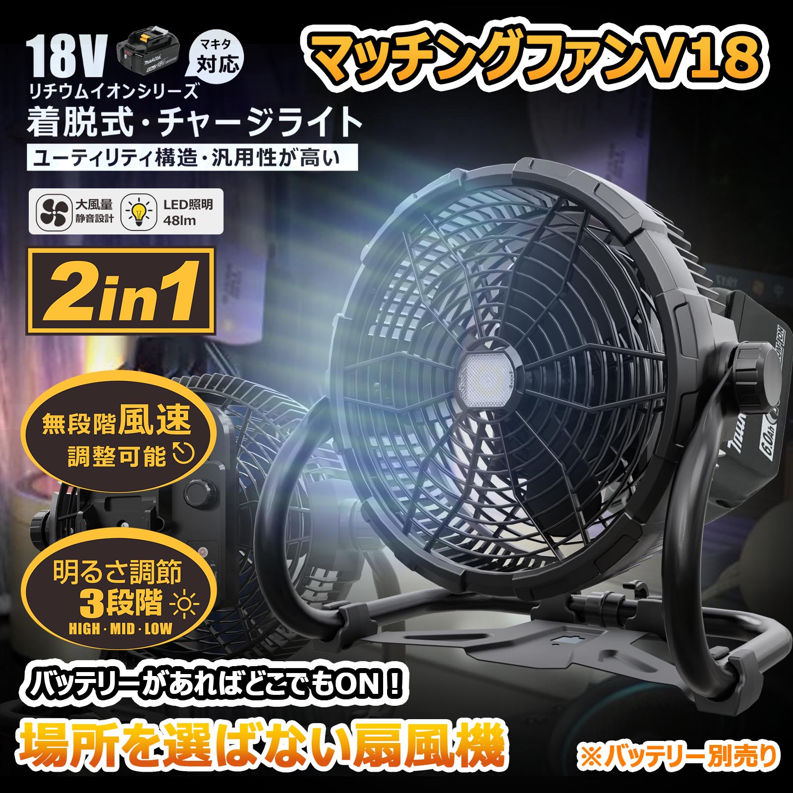 YC-B12F 20W マキタバッテリー対応 扇風機 バッテリー着脱式 風量無段階調整 現場作業 工事 マッチングファンV18 ※バッテリー付属なし