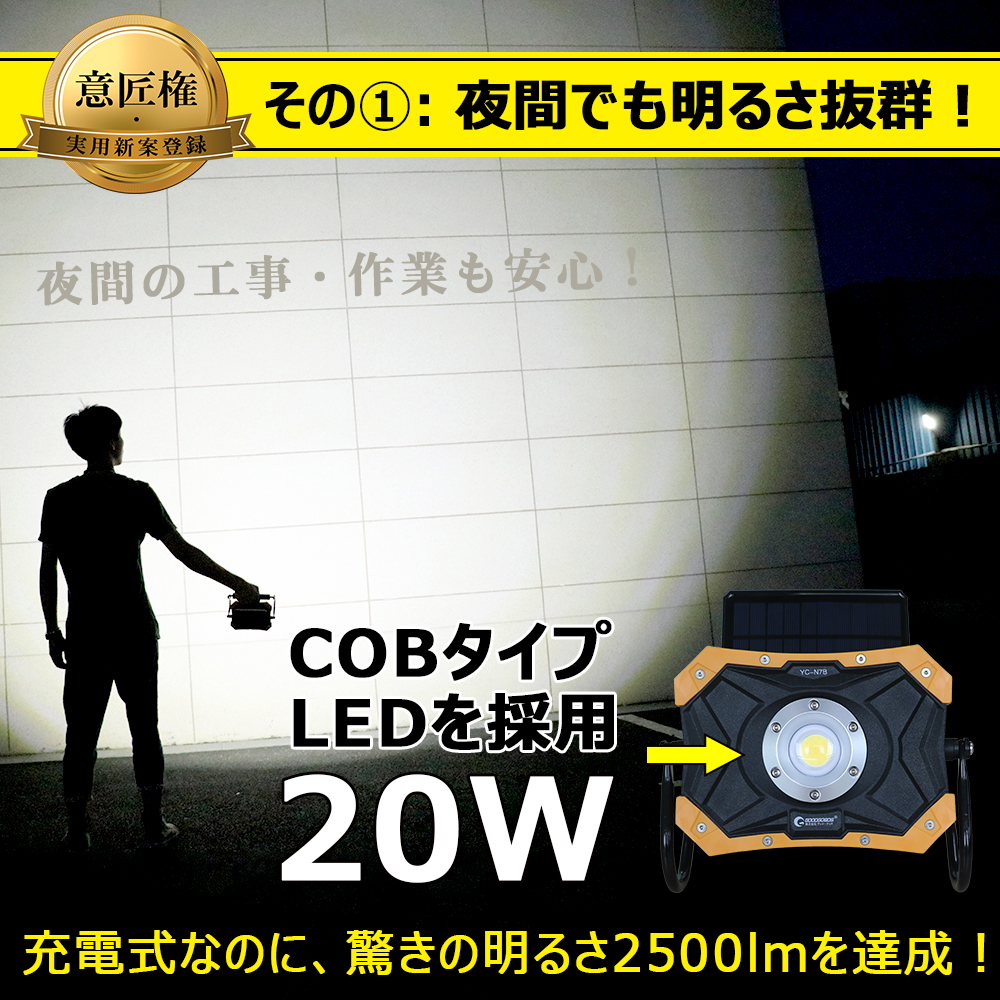 充電式 COB LED作業灯 20W 折り畳み式ソーラーパネル搭載
