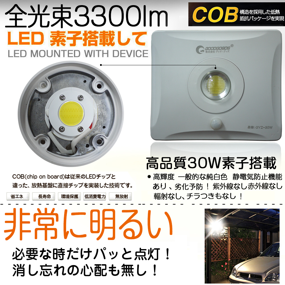 グッドグッズ(GOODGOODS) LED 投光器 30W 3300LM 人感センサーライト