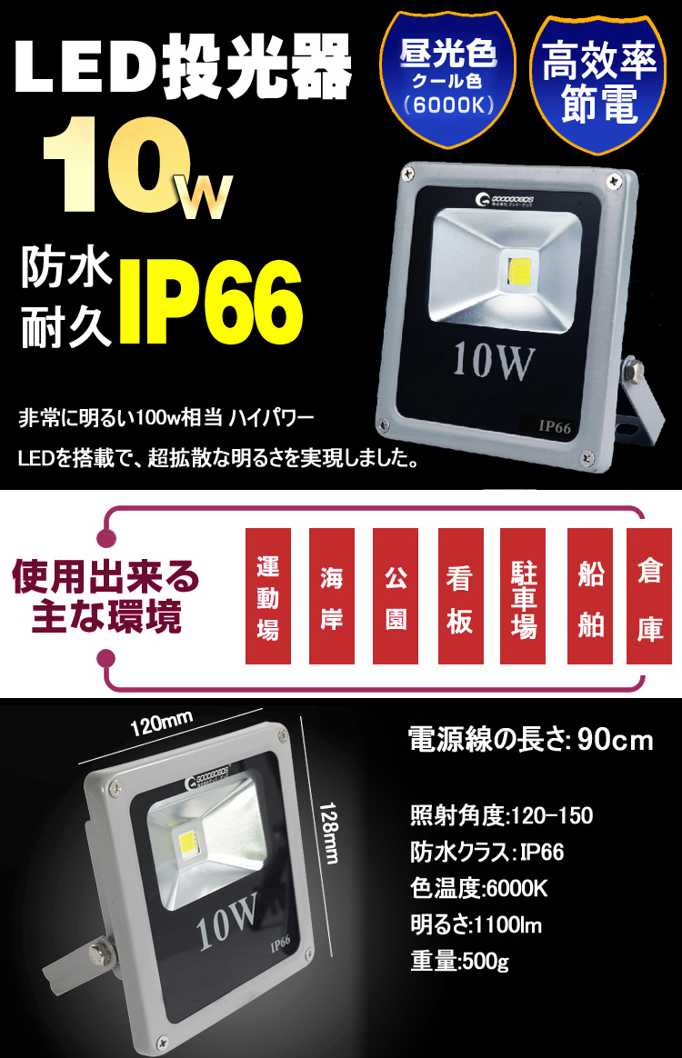  最新・薄型 LED投光器 10W 100W相当 LED作業灯 昼光色 1100LM