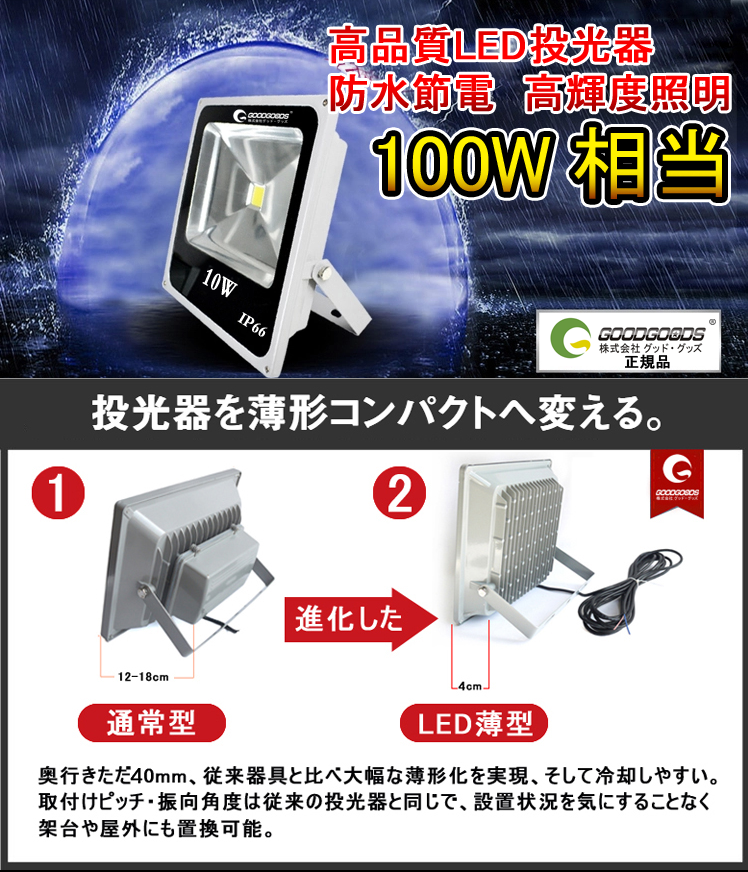 グッドグッズ(GOODGOODS) LED 投光器 10W 1100LM 薄型 100W相当 作業灯