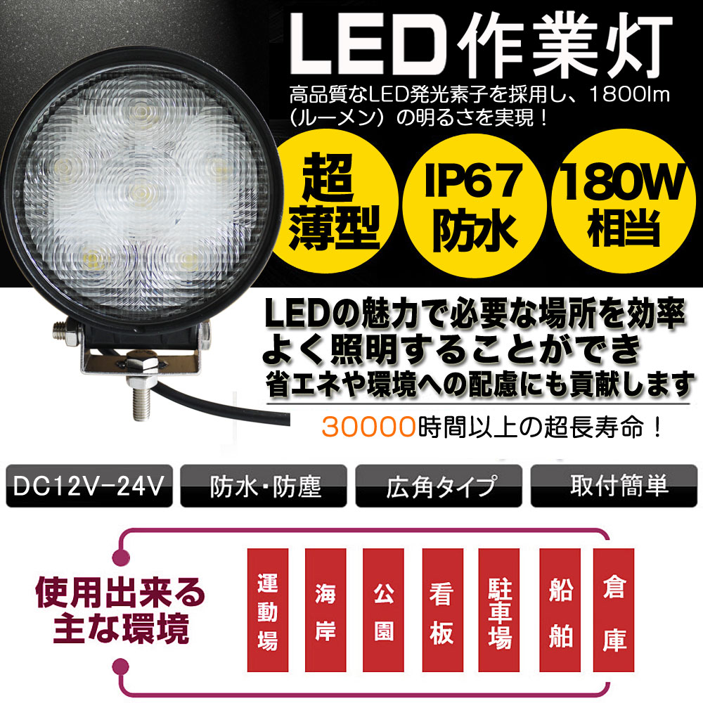 LED作業灯 18W 超薄型 LEDワークライト DC12V〜24V対応 1800LM IP67防水